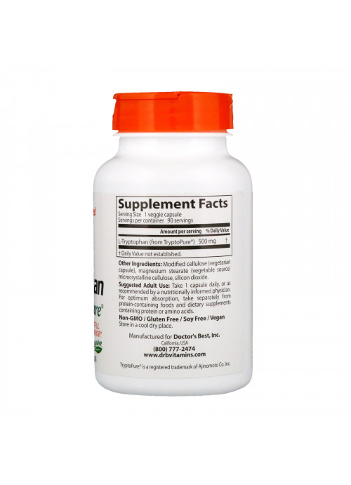 Doctor's Best, L-Tryptophan with TryptoPure, 500 mg, 90 Veggie Caps