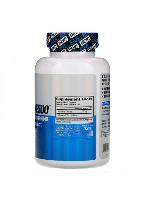 EVLution Nutrition, L-CARNITINE500, 120 Capsules