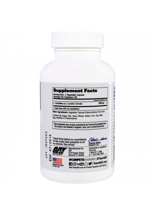 GAT, L-Carnitine, Amino Acid, Free Form, 60 Vegetable Capsules