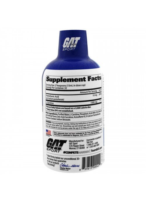 GAT, L-Carnitine, Amino Acid, Free Form, Blue Raspberry, 16 oz (473 ml)