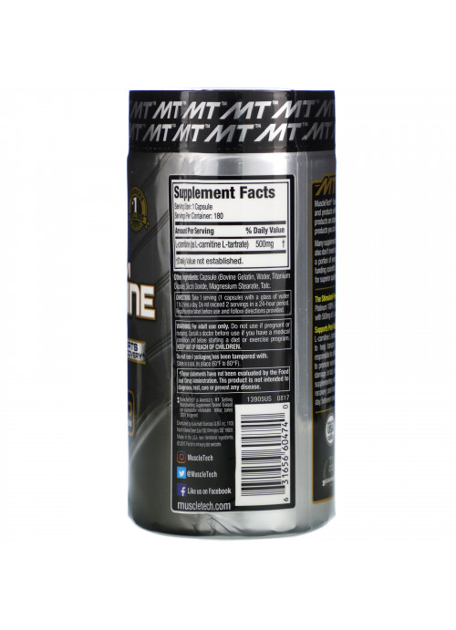Muscletech, Essential Series, Platinum 100% L-Carnitine, 500 mg, 180 Capsules