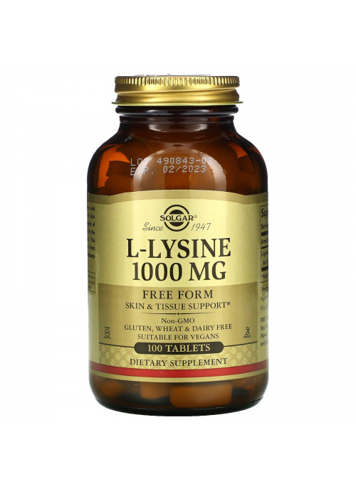 Solgar, L-Lysine, Free Form, 1,000 mg, 100 Tablets