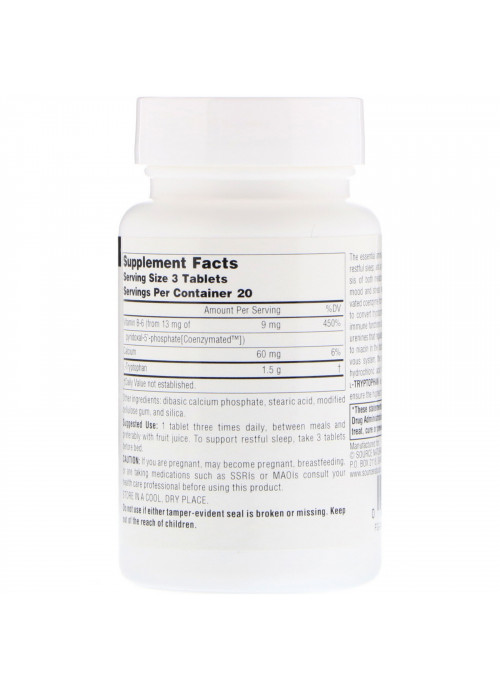 Source Naturals, L-Tryptophan with Coenzyme B-6, 500 mg, 60 Tablets