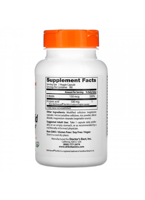 Doctor's Best, Stabilized R-Lipoic Acid with BioEnhanced Na-RALA, 100 mg, 180 Veggie Caps