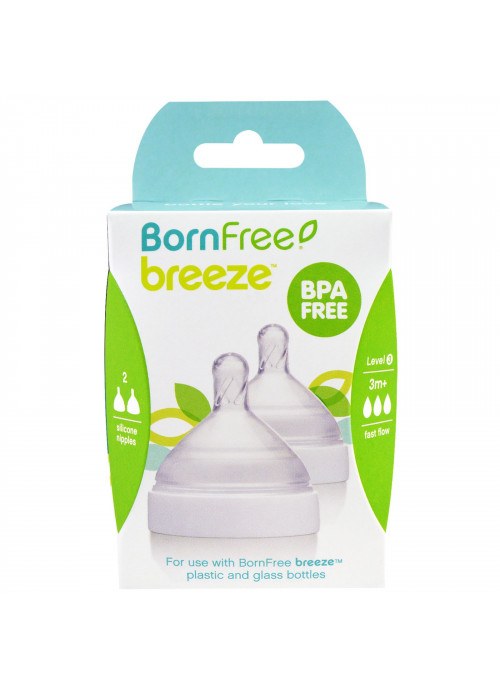 Born Free, Breeze, Silicone Nipples, Level 3, 3m+, Fast Flow, 2 Pack