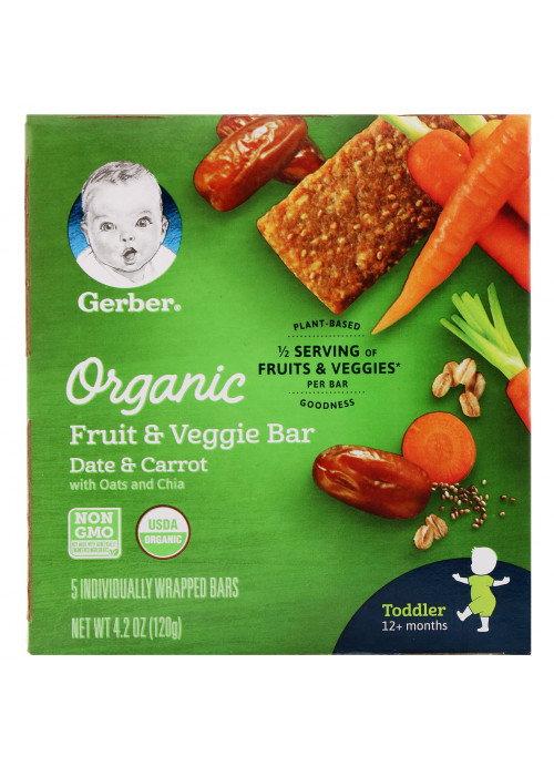 Gerber, Organic Fruit & Veggie Bar, 12+ Months, Date & Carrot, 5 Individually Wrapped Bars, 4.2 oz (120 g)