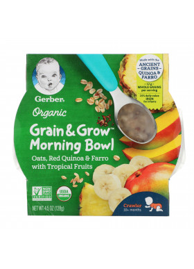 Gerber, Organic Grain & Grow Morning Bowl, 10+ Months, Oats, Red Quinoa & Farro with Tropical Fruits, 4.5 oz (128 g)