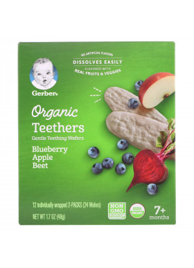 Gerber, Organic Teethers, Gentle Teething Wafers, 7+ Months, Blueberry Apple Beet, 12 Packs, 2 Wafers Each