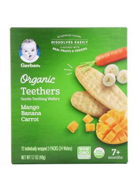 Gerber, Organic Teethers, Gentle Teething Wafers, 7+ Months, Mango Banana Carrot, 12 Packs, 2 Wafers Each
