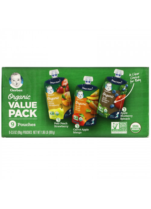 Gerber, Organic Value Pack,  Pear Peach Strawberry, Carrot Apple Mango, Apple Blueberry Spinach, 9 Pouches, 3.5 oz (99 g) Each