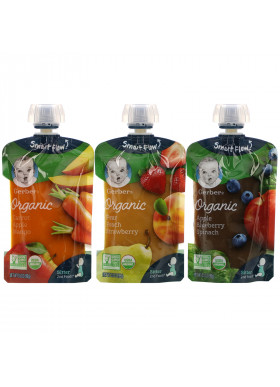 Gerber, Organic Value Pack,  Pear Peach Strawberry, Carrot Apple Mango, Apple Blueberry Spinach, 9 Pouches, 3.5 oz (99 g) Each