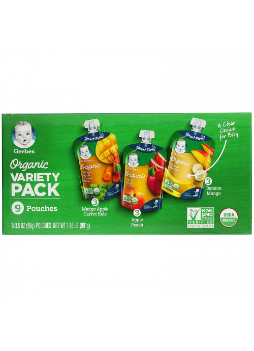Gerber, Organic Variety Pack, Mango Apple Carrot Kale, Apple Peach, Banana Mango, 9 Pouches, 3.5 oz (99 g) Each