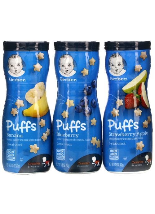 Gerber, Puffs Cereal Snacks,  8+Months, Blueberry, Banana, Strawberry Apple, 8 Count, 1.48 oz (42 g) Each