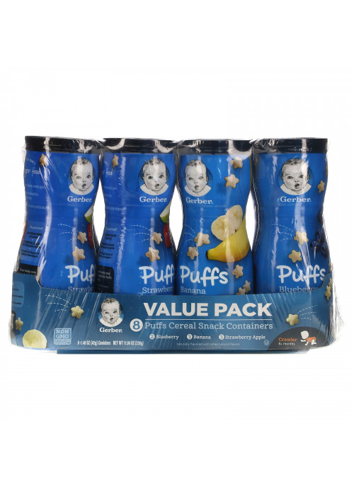 Gerber, Puffs Cereal Snacks,  8+Months, Blueberry, Banana, Strawberry Apple, 8 Count, 1.48 oz (42 g) Each