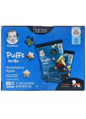 Gerber, Puffs to Go, 8+ Months,  Strawberry Apple, 12 Snack Packs,  0.5 oz (14 g) Each