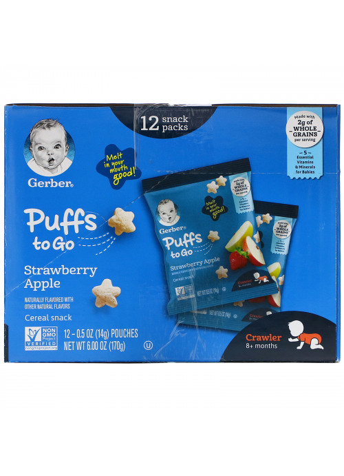 Gerber, Puffs to Go, 8+ Months,  Strawberry Apple, 12 Snack Packs,  0.5 oz (14 g) Each