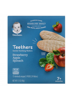 Gerber, Teethers, Gentle Teething Wafers, 7+ Months, Strawberry Apple Spinach, 12 Packs, 2 Wafers Each