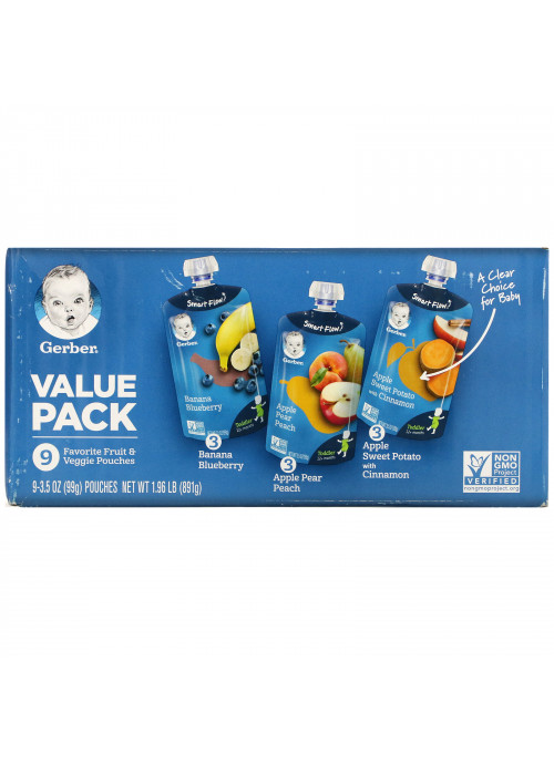 Gerber, Value Pack, 12+ Months, Favorite Fruit & Veggie, 9 Pouches, 3.5 oz (99 g) Each