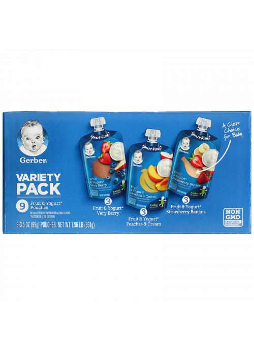 Gerber, Variety Pack, 12+ Months, Fruit & Yogurt, 9 Pouches, 3.5 oz (99 g) Each