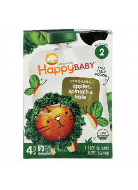 Happy Family Organics, Happy Baby, Organics, Stage 2,  6+ Months, Apples, Spinach & Kale, 4 Pouches, 4 oz (113 g) Each