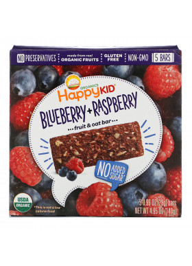 Happy Family Organics, Happy Kid, Blueberry + Raspberry, Fruit & Oat Bar, 5 Bars, 0.99 oz (28 g) Each
