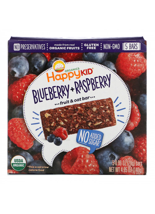 Happy Family Organics, Happy Kid, Blueberry + Raspberry, Fruit & Oat Bar, 5 Bars, 0.99 oz (28 g) Each