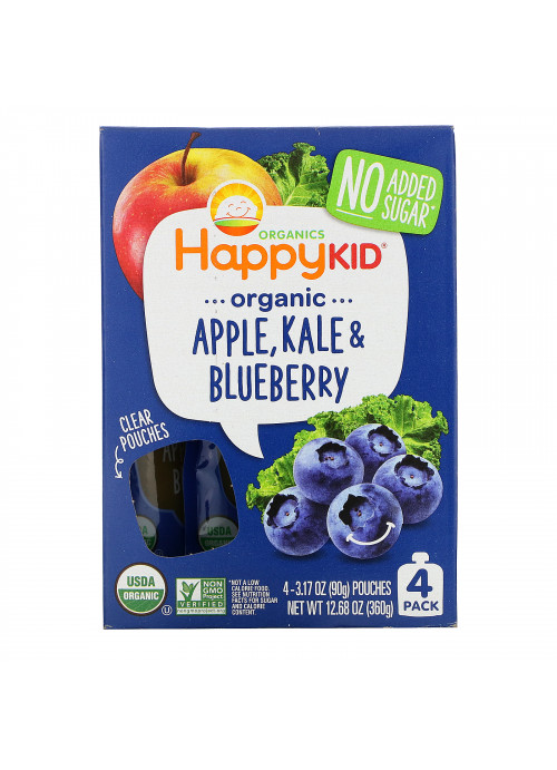 Happy Family Organics, Happy Kid, Organic Apple, Kale, & Blueberry, 4 Pouches, 3.17 oz (90 g) Each