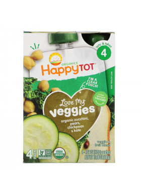 Happy Family Organics, Happy Tot, Stage 4,  Love My Veggies, Organic Zucchini, Pears, Chickpeas & Kale, 4 Pouch, 4.22 oz (120 g) Each