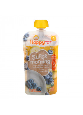 Happy Family Organics, Happy Tot, Super Morning, Fruit, Yogurt & Grain Blend, Organic Bananas, Blueberries, Yogurt & Oats + Super Chia, Stage 4, 4 oz (113 g)