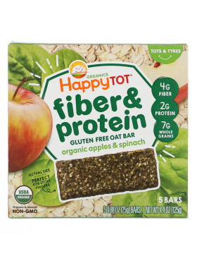 Happy Family Organics, Happytot, Fiber & Protein Soft-Baked Oat Bar, Organic Apples & Spinach, 5 Bars, 0.88 oz (25 g) Each