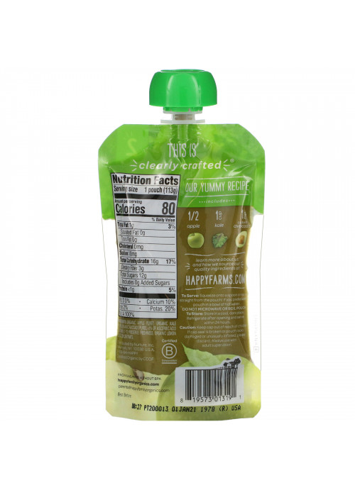 Happy Family Organics, Organic Baby Food, Stage 2, 6+ Months, Apples, Kale & Avocados, 4 oz (113 g)