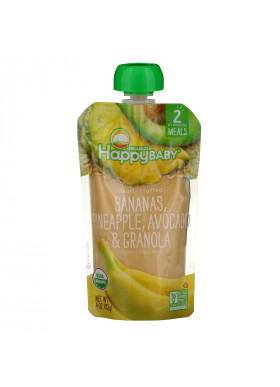 Happy Family Organics, Organic Baby Food, Stage 2, Clearly Crafted, 6+, Bananas, Pineapple, Avocado & Granola, 4 oz (113 g)