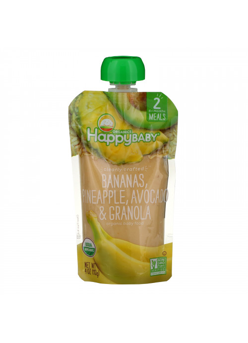 Happy Family Organics, Organic Baby Food, Stage 2, Clearly Crafted, 6+, Bananas, Pineapple, Avocado & Granola, 4 oz (113 g)