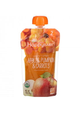 Happy Family Organics, Organic Baby Food, Stage 2, Clearly Crafted, 6+ Months Apples, Pumpkin & Carrots, 4 oz (113 g)