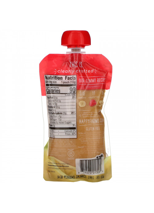 Happy Family Organics, Organic Baby Food, Stage 2, Clearly Crafted, 6+ Months, Bananas, Raspberries & Oats, 4 oz (113 g)