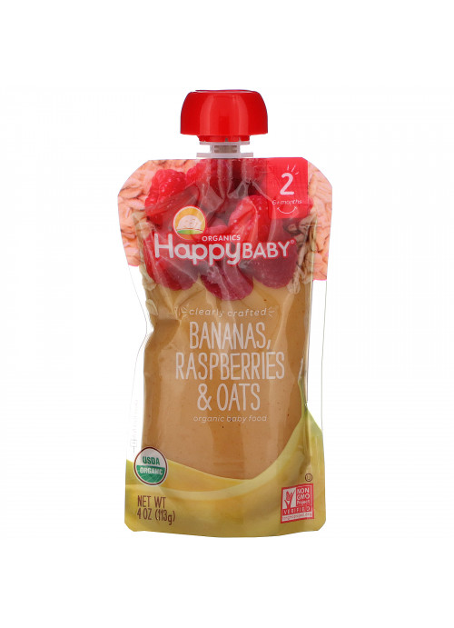 Happy Family Organics, Organic Baby Food, Stage 2, Clearly Crafted, 6+ Months, Bananas, Raspberries & Oats, 4 oz (113 g)