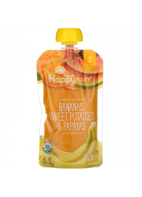 Happy Family Organics, Organic Baby Food, Stage 2, Clearly Crafted, 6+ Months, Bananas, Sweet Potatoes, & Papayas, 4 oz (113 g)