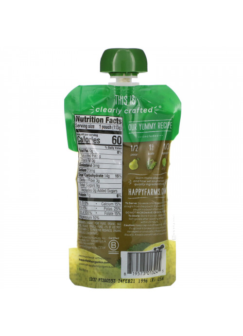 Happy Family Organics, Organic Baby Food, Stage 2, Clearly Crafted, Pears, Kale & Spinach, 6+ Months, 4 oz (113 g)