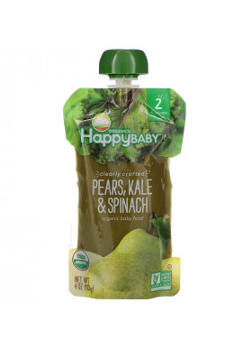 Happy Family Organics, Organic Baby Food, Stage 2, Clearly Crafted, Pears, Kale & Spinach, 6+ Months, 4 oz (113 g)