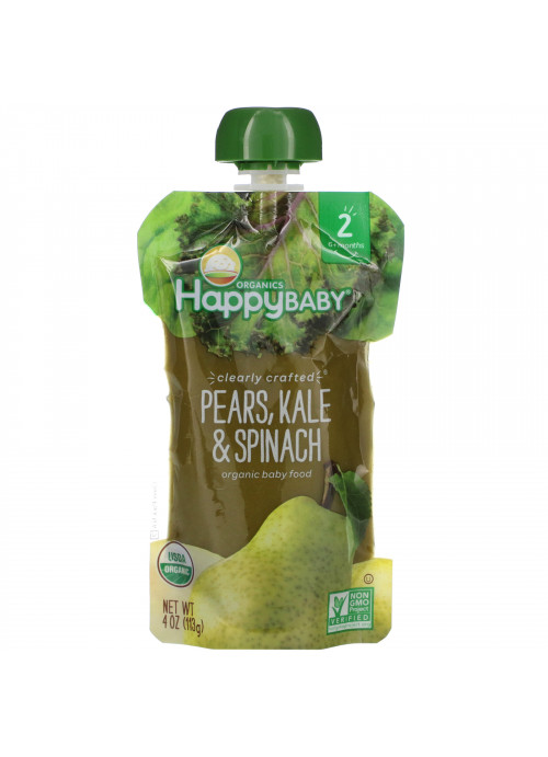 Happy Family Organics, Organic Baby Food, Stage 2, Clearly Crafted, Pears, Kale & Spinach, 6+ Months, 4 oz (113 g)