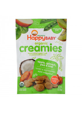Happy Family Organics, Organic Creamies, Freeze-Dried Veggie, Fruit & Coconut Milk Snacks, Apple, Spinach, Pea & Kiwi, 1 oz (28 g)