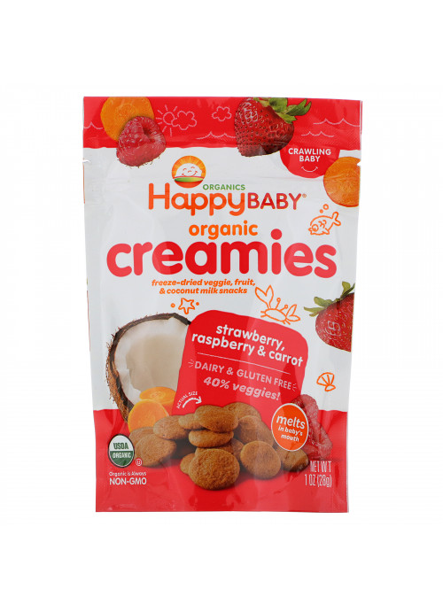 Happy Family Organics, Organic Creamies, Freeze-Dried Veggie, Fruit & Coconut Milk Snacks, Strawberry, Raspberry & Carrot, 1 oz (28 g)