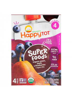 Happy Family Organics, Organic Happy Tot, Super Foods, Organic Pears, Beets & Blueberries + Super Chia, Stage 4, 4 Pack, 4.22 oz (120 g) Each