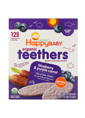 Happy Family Organics, Organic Teethers, Gentle Teething Wafers, Sitting Baby, Blueberry & Purple Carrot, 12 Packs, 0.14 oz (4 g) Each