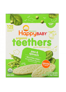 Happy Family Organics, Organic Teethers , Gentle Teething Wafers, Sitting Baby, Pea & Spinach, 12 Packs, 0.14 oz (4 g) Each