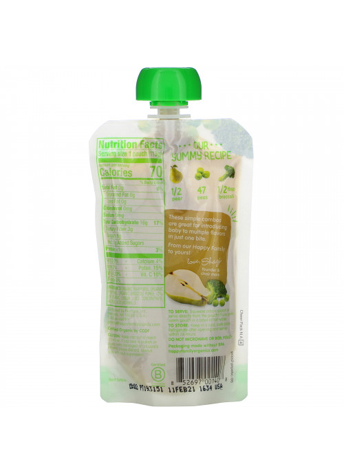 Happy Family Organics, Organics Happy Baby,  Stage 2,  6+ Months, Organic Pears, Peas & Broccoli, 4 oz (113 g)