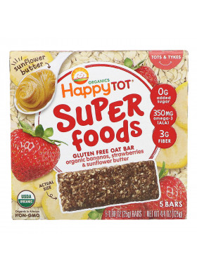Happy Family Organics, Organics Happy Tot, Superfoods, Gluten Free Oat Bar, Organic Bananas, Strawberries & Sunflower Butter,  5 Bars, 0.88 oz (25 g) Each