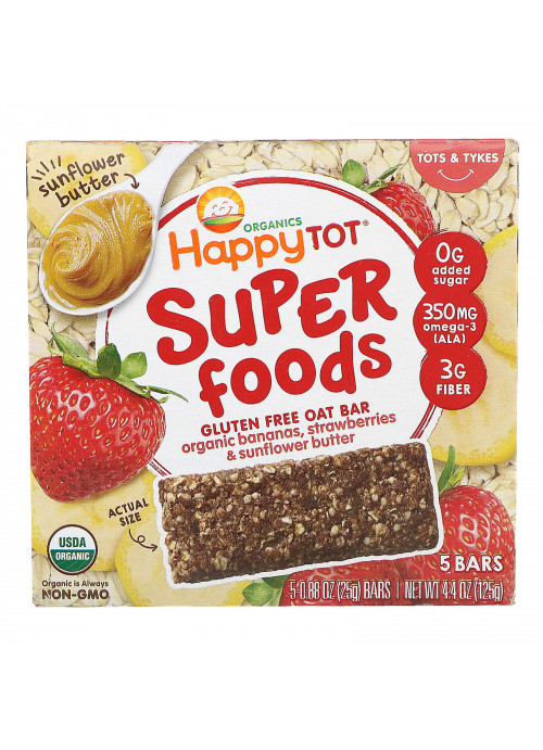Happy Family Organics, Organics Happy Tot, Superfoods, Gluten Free Oat Bar, Organic Bananas, Strawberries & Sunflower Butter,  5 Bars, 0.88 oz (25 g) Each