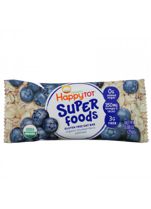 Happy Family Organics, Organics Happy Tot, Superfoods, Gluten Free Oat Bar, Organic Blueberries & Oatmeal, 5 Bars, 0.88 oz (25 g) Each