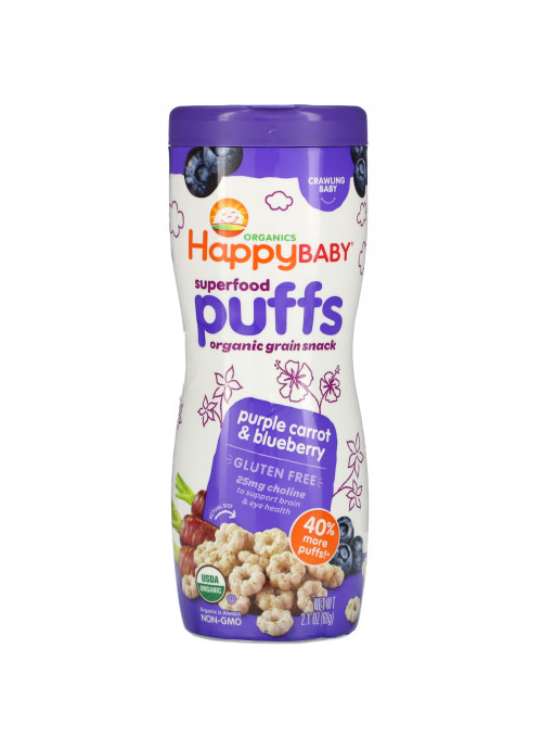 Happy Family Organics, Superfood Puffs, Organic Grain Snack, Purple Carrot & Blueberry, 2.1 oz (60 g)